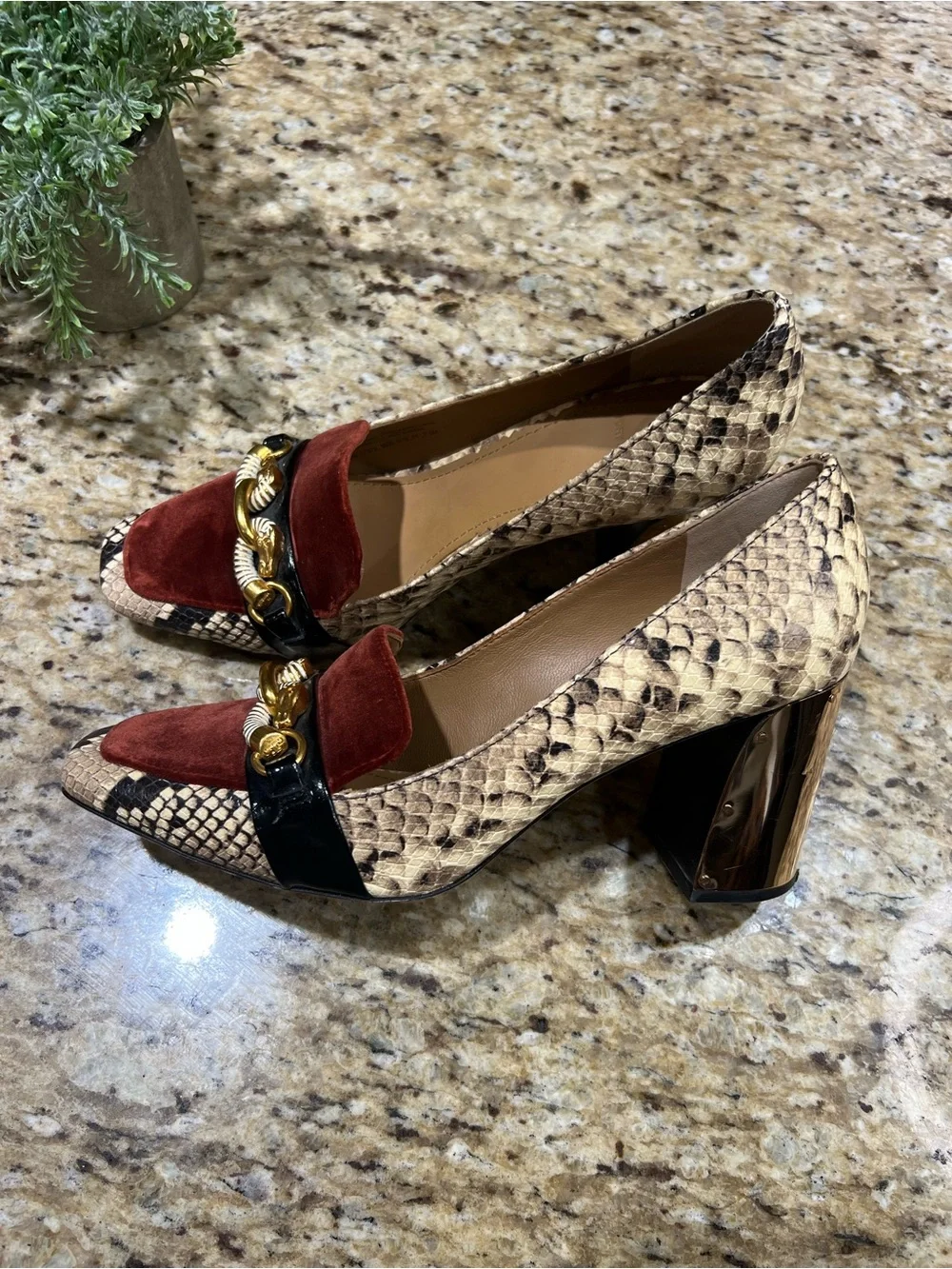 Tory Burch Jessa Velvet & Snake Leather Print Burgundy and Brown Loafers 8.5M